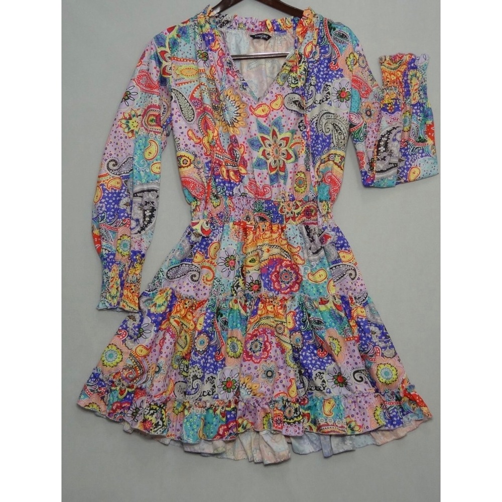 Paisley Print Mini Dress Smocked Waist Ruffle‎ Hem Colorful Bohemian Boho